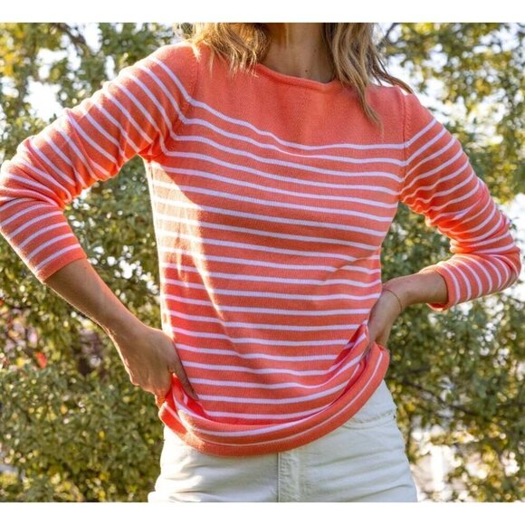 NWT Pura Cashmere Classic Breton Crew Coastal Peach/ White Stripe Sweater Size M - Picture 1 of 8